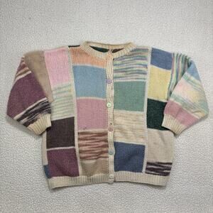 Vintage Handmade Knit Cardigan Sweater Womens Pastel Rainbow Patchwork Chunky
